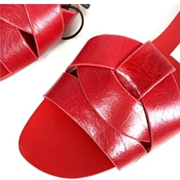Zara Genuine Leather Red Crossover Slide Sandal Slipper Flat Shoes 37 / 6.5 NWT - Picture 8 of 13